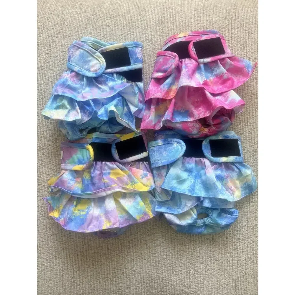 Cute Tie-Dye Dog Diapers for Girls – Ruffle Skirt, Tail Hole, Set of 4